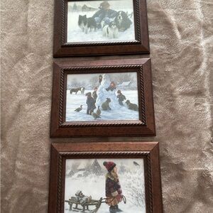 Wooden Framed Winter Scene Wall Art - Set of 3, Brown